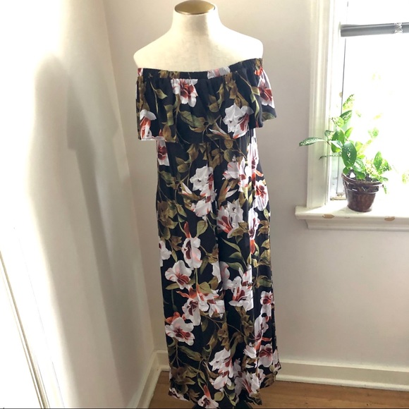 Umgee Pants - Umgee Brown Floral Off Shoulder Ruffle Jumpsuit